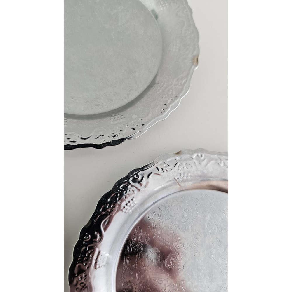 3 Small Nickel Plated Embossed Round Platters Trays Etched Ornate Grapes - Picture 6 of 10
